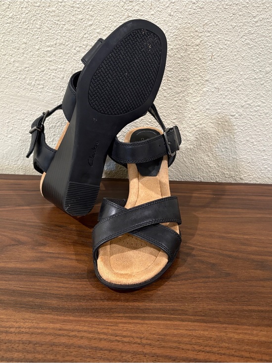 Clarks Shoes - Black Leather Crisscross Wedge Sandals - Women's Comfort Heels